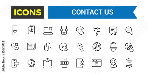 Contact us icon set. Outline icons pack. Icon collection. Editable vector icon and illustration.