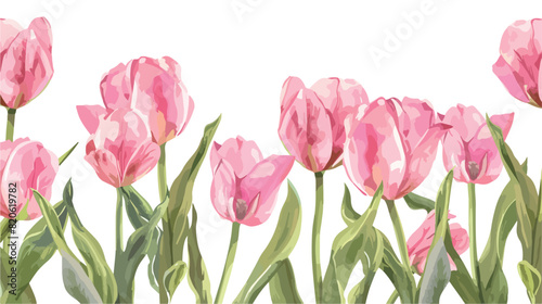 Pink tulips watercolor border frame isolated on white © Bill