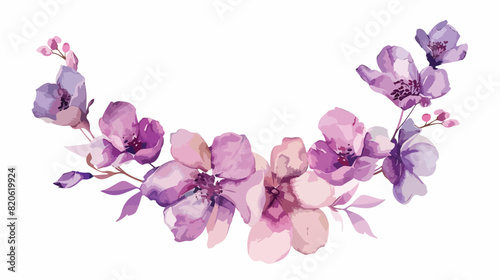 Pink Violet Flowers Watercolor Wreath Isolated on Whi