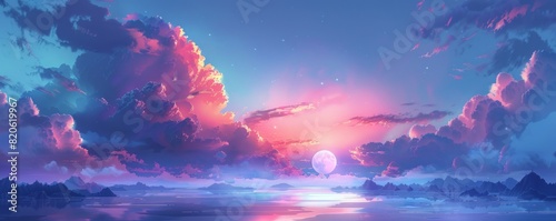 An ethereal dreamscape where clouds of iridescent mist drift across a tranquil landscape  bathed in the soft light of a distant moon.   illustration.