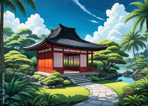 a painting of a pagoda in a tropical setting