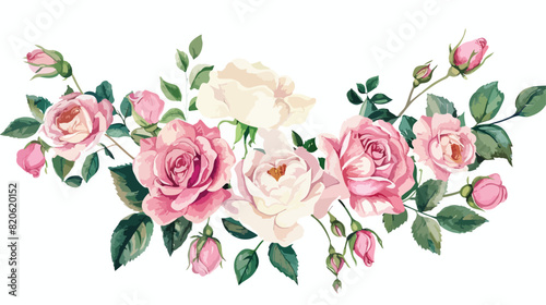 Pink white roses watercolor floral wreaths isolated o