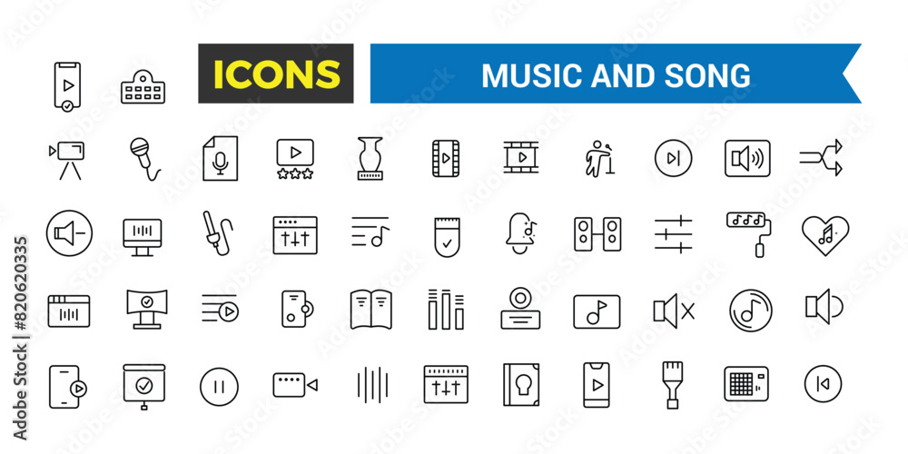 Music and song icon set, vector, thin line icons collection. Editable vector icon and illustration. Music and song icon set, vector, thin line icons collection. Editable vector icon and illustration.