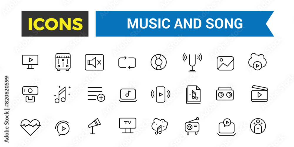 Music and song icon set, vector, thin line icons collection. Editable vector icon and illustration. Music and song icon set, vector, thin line icons collection. Editable vector icon and illustration.