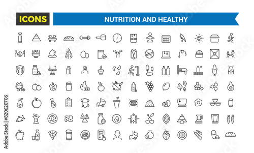 Nutrition and Healthy food Vector Icons. Outline icons collection.