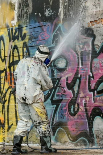 A cleaning specialist using specialized equipment to remove graffiti from walls and surfaces, Generative AI