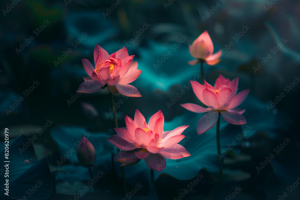Beautiful Pink Lotus Flowers Illuminated by Soft Moonlight on Water Beautiful Pink Lotus Flowers Illuminated by Soft Moonlight on Water