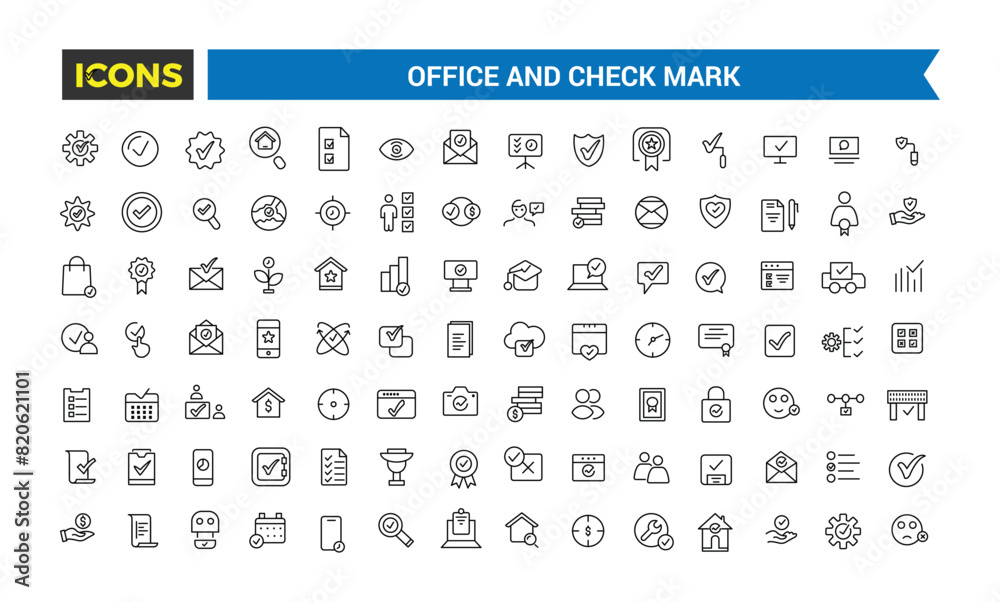 Office and check mark icon set. Outline icons pack. Editable vector icon and illustration. Office and check mark icon set. Outline icons pack. Editable vector icon and illustration.