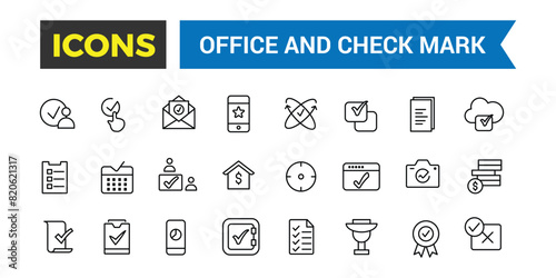 Office and check mark icon set. Outline icons pack. Editable vector icon and illustration.