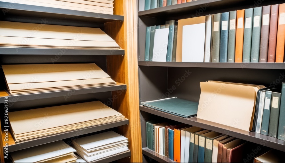 Close-up of a well-organized bookshelf in a library, showcasing a variety of books and reading materials with visible spine labels.. AI Generation Close-up of a well-organized bookshelf in a library, showcasing a variety of books and reading materials with visible spine labels.. AI Generation