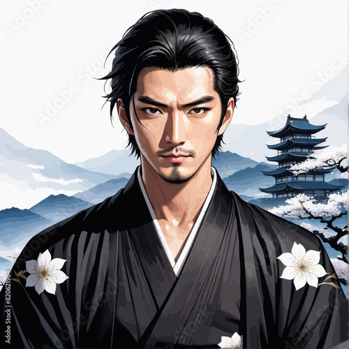 a man in a kimono standing in front of a mountain