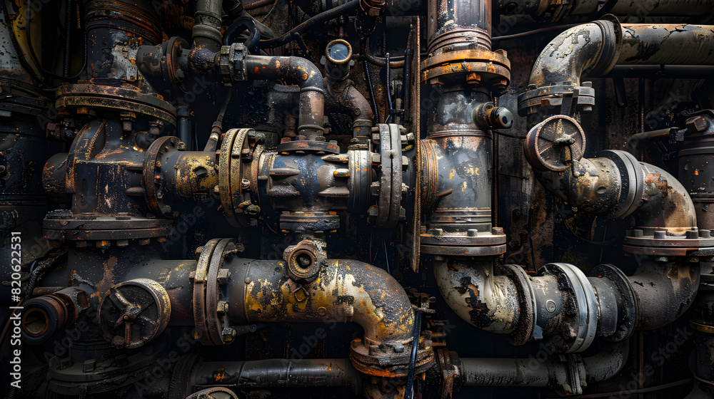 A close up of a yellow pipe with many valves and fittings A close up of a yellow pipe with many valves and fittings