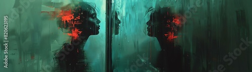 Highresolution image expressing hate and resentment, person staring at reflection in mirror, eerie similarity, green and red hues, dark tones with stark lines, Midjourney AI art