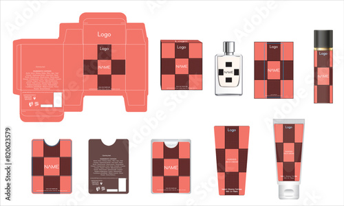 Packaging design, luxury perfume box, pocket perfume, deo design and face cream template and mock up box. Illustration vector.