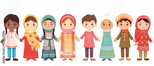 Wallpaper Mural Illustration of children from diverse cultures holding hands, dressed in traditional clothing. Torontodigital.ca