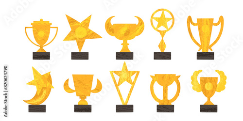 Gold winner cup with gilding effect. Trophy, victory, competition, challenge. Vector illustration in flat style.