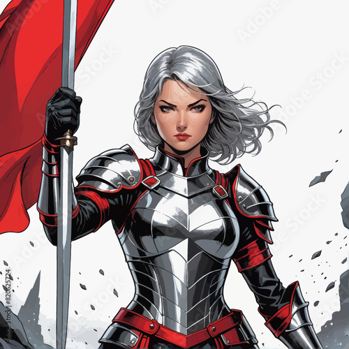 a woman in armor holding a red flag