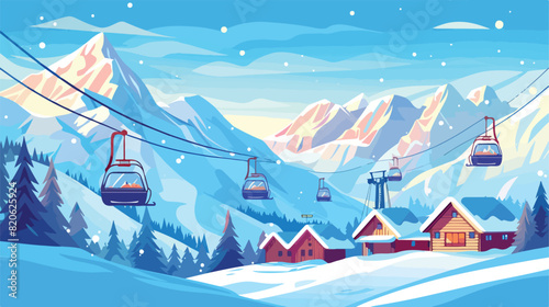 Winter ski resort with mountains in snow cableway
