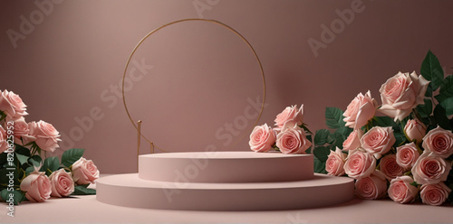  Podium background 3D product platform display pink rose stage pedestal. Light background 3D podium stand scene studio.