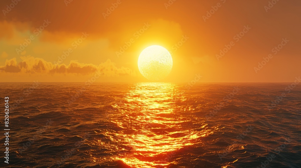 Yellow and orange light of the down going sun at the sunddowner over the ocean. Generative AI.