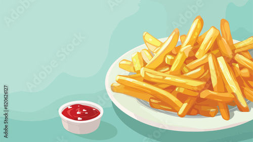 Plate with tasty french fries ketchup and salt on lig