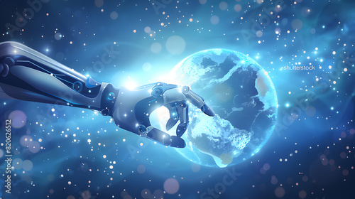 Robotic Hand Touching Digital Globe
