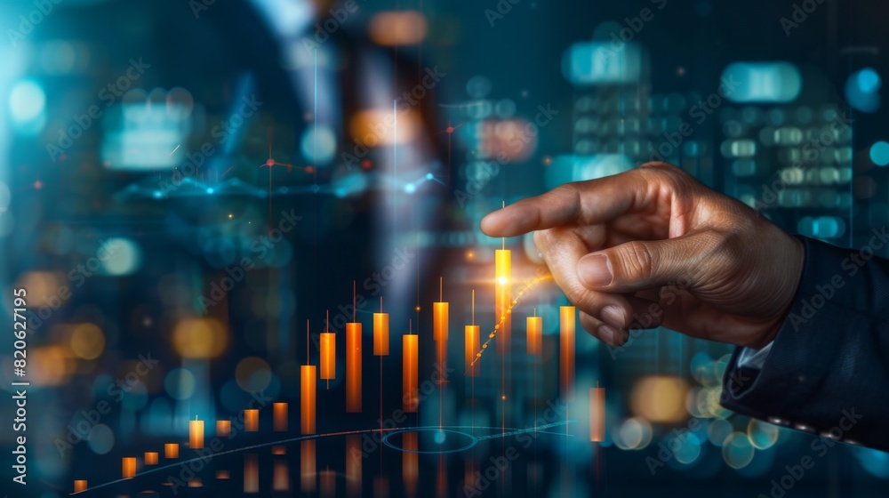In a vibrant city at night, a businessman focuses on analyzing financial data on a digital screen with graphs, surrounded by city lights and cuttingedge technology in a bustling urban setting In a vibrant city at night, a businessman focuses on analyzing financial data on a digital screen with graphs, surrounded by city lights and cuttingedge technology in a bustling urban setting