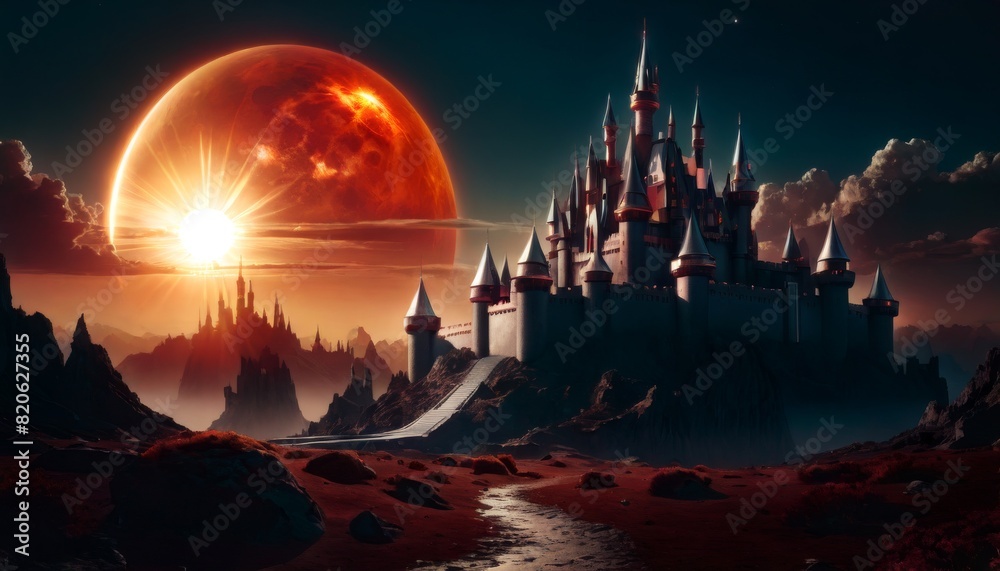 A fairytale castle stands on an alien world, with a giant red sun setting behind, blending fantasy with extraterrestrial landscapes.. AI Generation