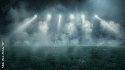 A night stadium for soccer football with spotlights and fog on the stage. Generative AI