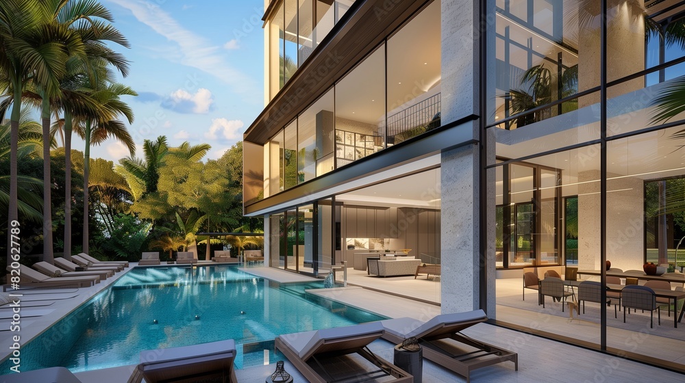 The exterior of a modern villa with floor-to-ceiling windows overlooking a spacious outdoor area, featuring a luxurious swimming pool surrounded by sun loungers and palm trees