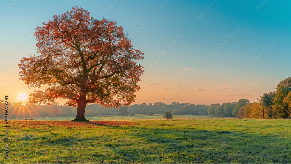 Sunny park in glorious autumn colors, with clear blue sky and the setting sun, a vast green meadow and a majestic oak tree with red leaves in the foreground