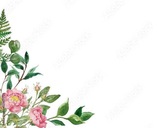 Watercolor greenery leaves and Peony Flower  corner border. Wildflowers for wedding invitations and greeting cards