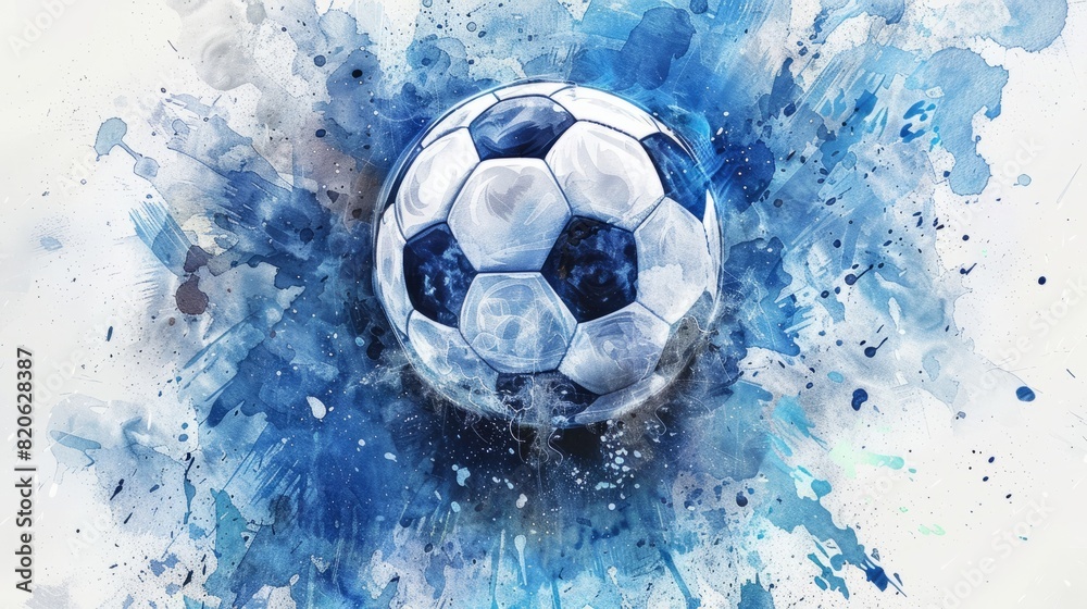 Naklejka premium Abstract soccer ball watercolor art with blue sport print, creative wall decoration. Generative AI