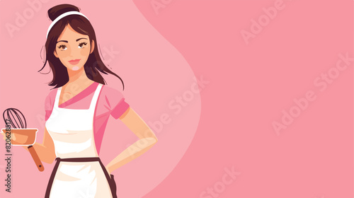 Portrait of beautiful young housewife in apron with background