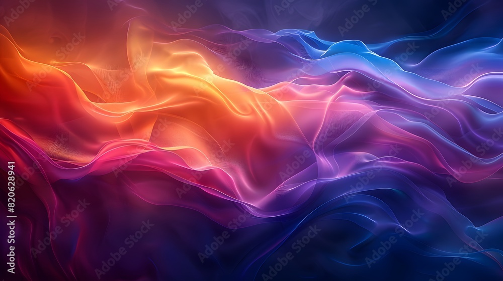 dynamic abstract design. It features a gradient of colors transitioning from deep purples and blues at the top to bright pinks and oranges at the bottom