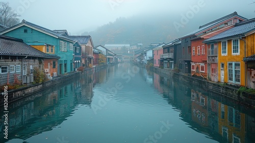 A rainy day at the Otaru Canal, with old warehouses reflecting in the water photo