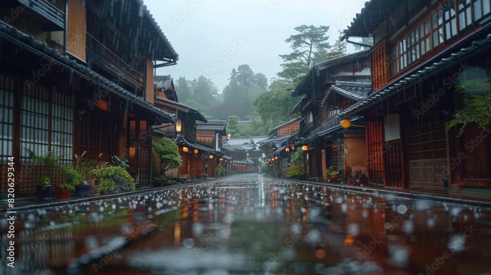 Obraz premium A rainy day in the old town of Takayama, with traditional wooden buildings lining the wet streets