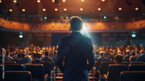 Back view of motivational speaker standing on stage in front of audience for motivation speech on conference or business event. photo