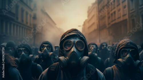 Crowd of people in protective gas masks on the street photo
