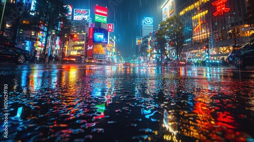 Rain-soaked streets of Tokyo's Shibuya Crossing, vibrant neon lights reflecting on wet pavement