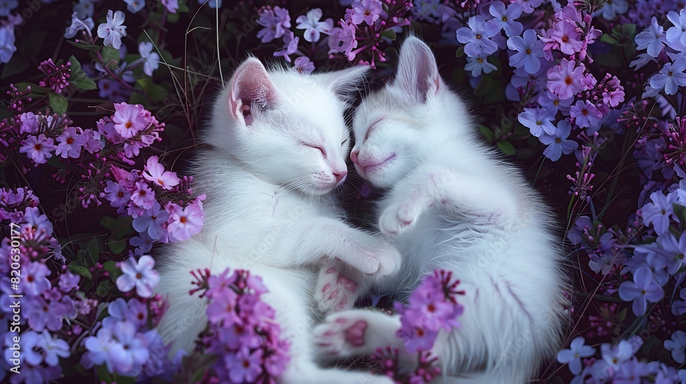Two white kitten laying on its back in purple flowers, aerial view, drone shot, wide angle, hyper realistic photography in the style. copy space for text.