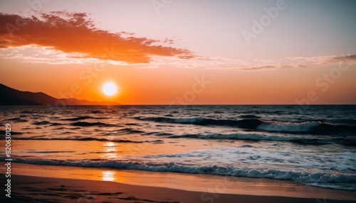 The sun sets on the horizon  casting a warm glow over the rolling waves of the ocean.. AI Generation