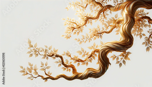 Surreal 3D ancient tree branch made by gold and translucent glass leave isolated on white background with copy space in concept luxury.