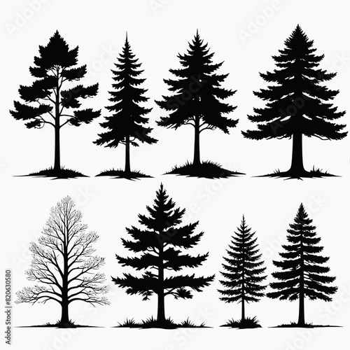 a set of trees silhouettes on a white background