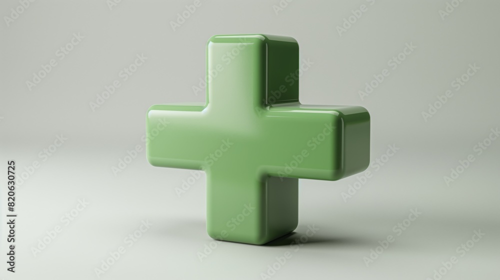 Fototapeta premium 3D illustration of glossy green medical cross sign against plain background.