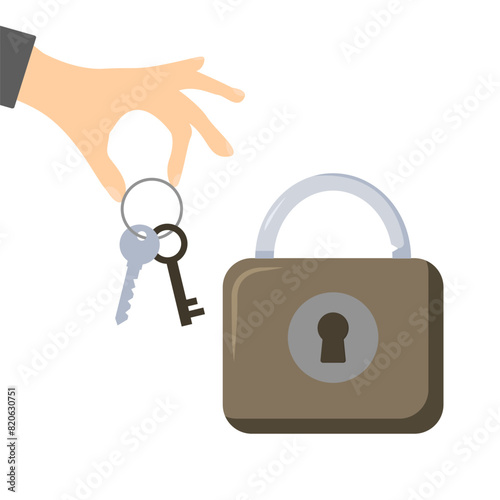 lock and bunch of keys on a ring in hand vector illustration design isolated
