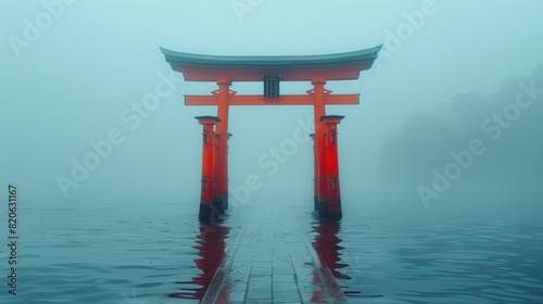 The iconic Torii gate of Miyajima Island standing tall against a misty rainy backdrop