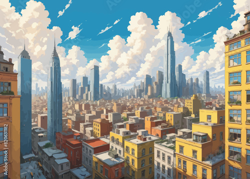 a painting of a city with tall buildings