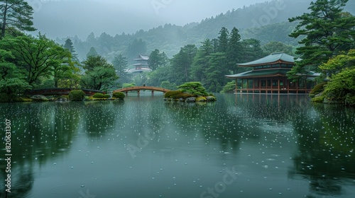 The lush gardens of Kenrokuen in Kanazawa, glistening with raindrops