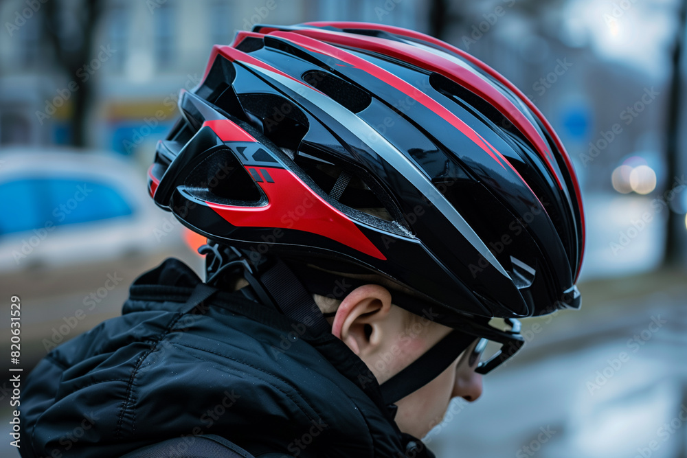 Close-Up of Cyclist Wearing Black and Red Bike Helmet Close-Up of Cyclist Wearing Black and Red Bike Helmet